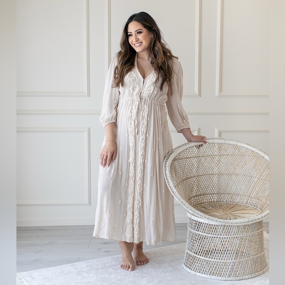 FREE PEOPLE Embroidered Fable Midi Dress XS Cream Light Peach Nude Floral Boho - Picture 7 of 7